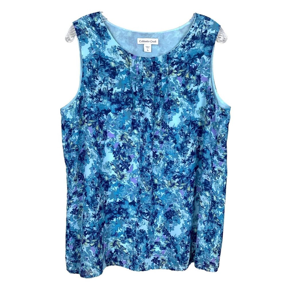 Coldwater Creek Womens L 14 Sleeveless Blouse Floral Blue Work Office Career